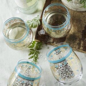 Decorative Gold Filigree Stemless Glasses with Turquoise Rim - Set of 4